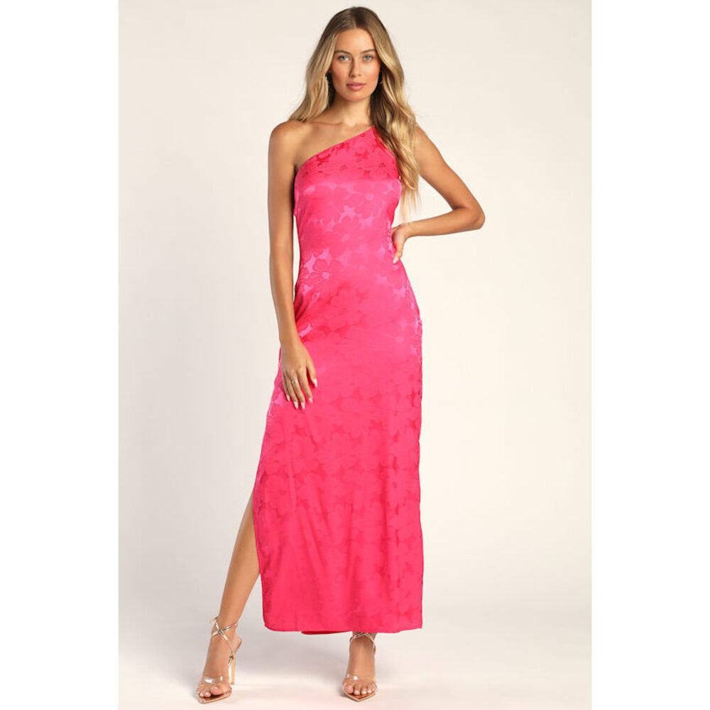 Lulus Chasing Desire Hot Pink Satin Jacquard One-shoulder Maxi Dress - Size L